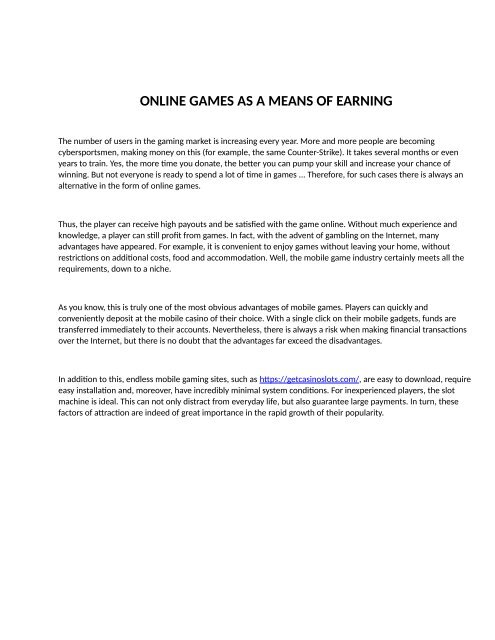 ONLINE GAMES AS A MEANS OF EARNING